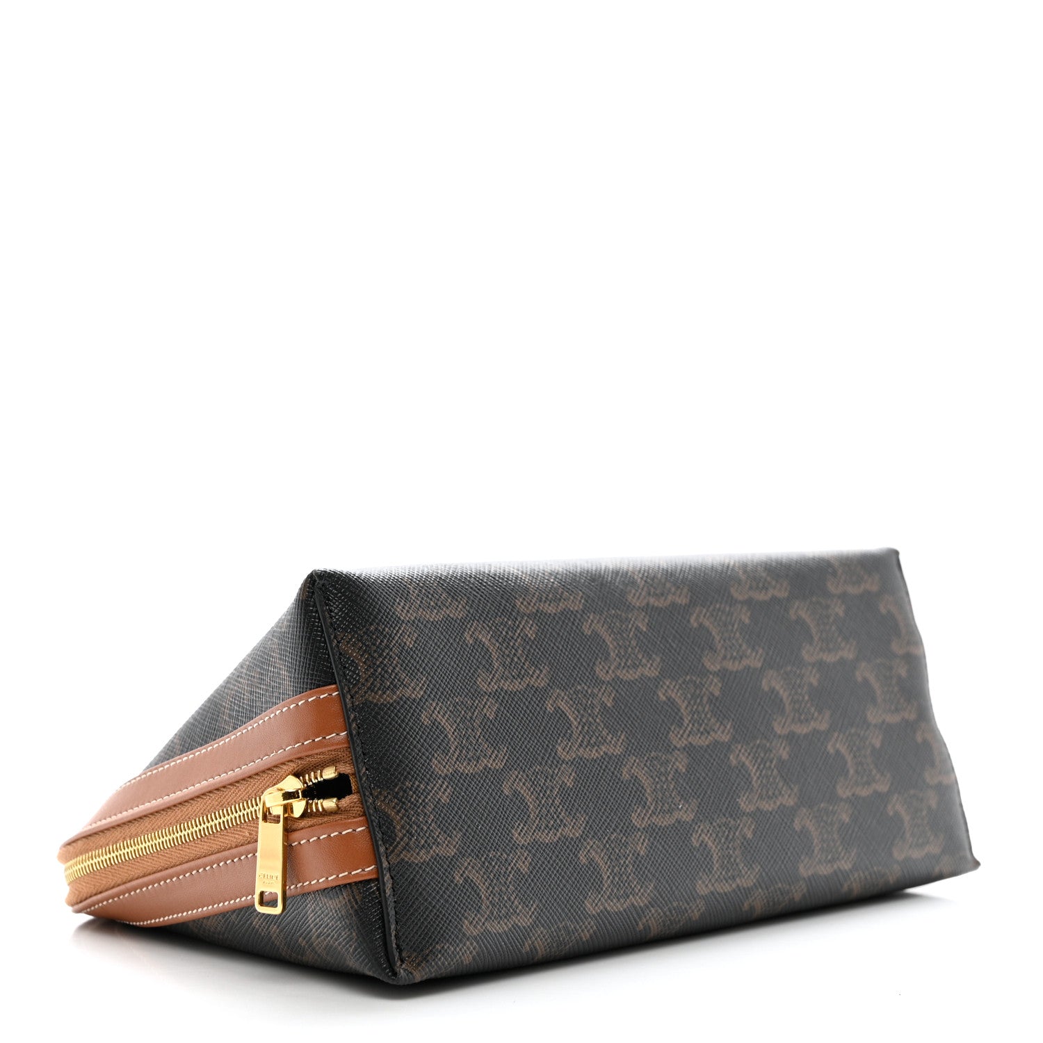 Celine Triomphe Canvas Calfskin Medium Cosmetic Pouch Tan 3 of 5