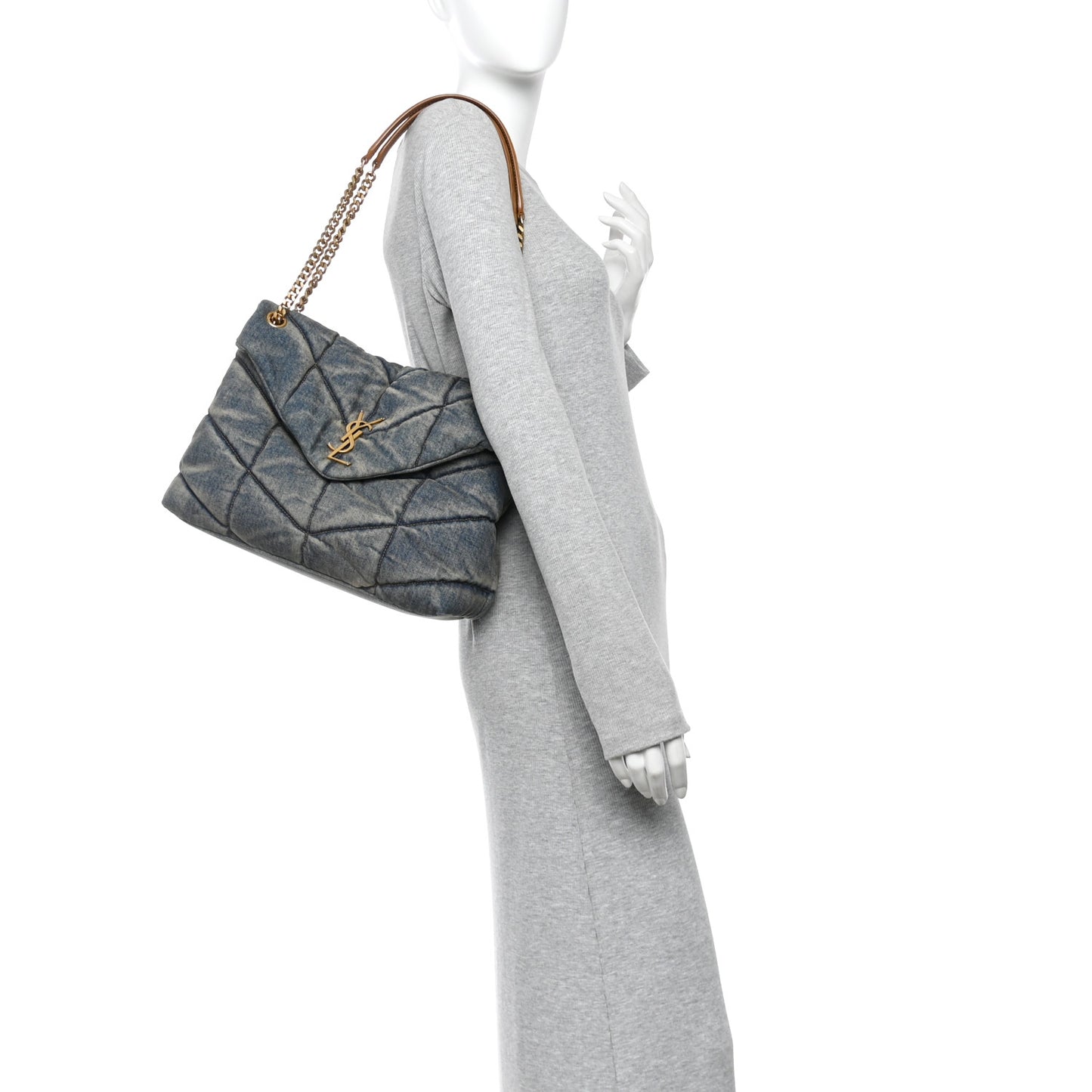 Denim Quilted Medium Loulou Puffer Monogram Chain Satchel Blue Cinnamon