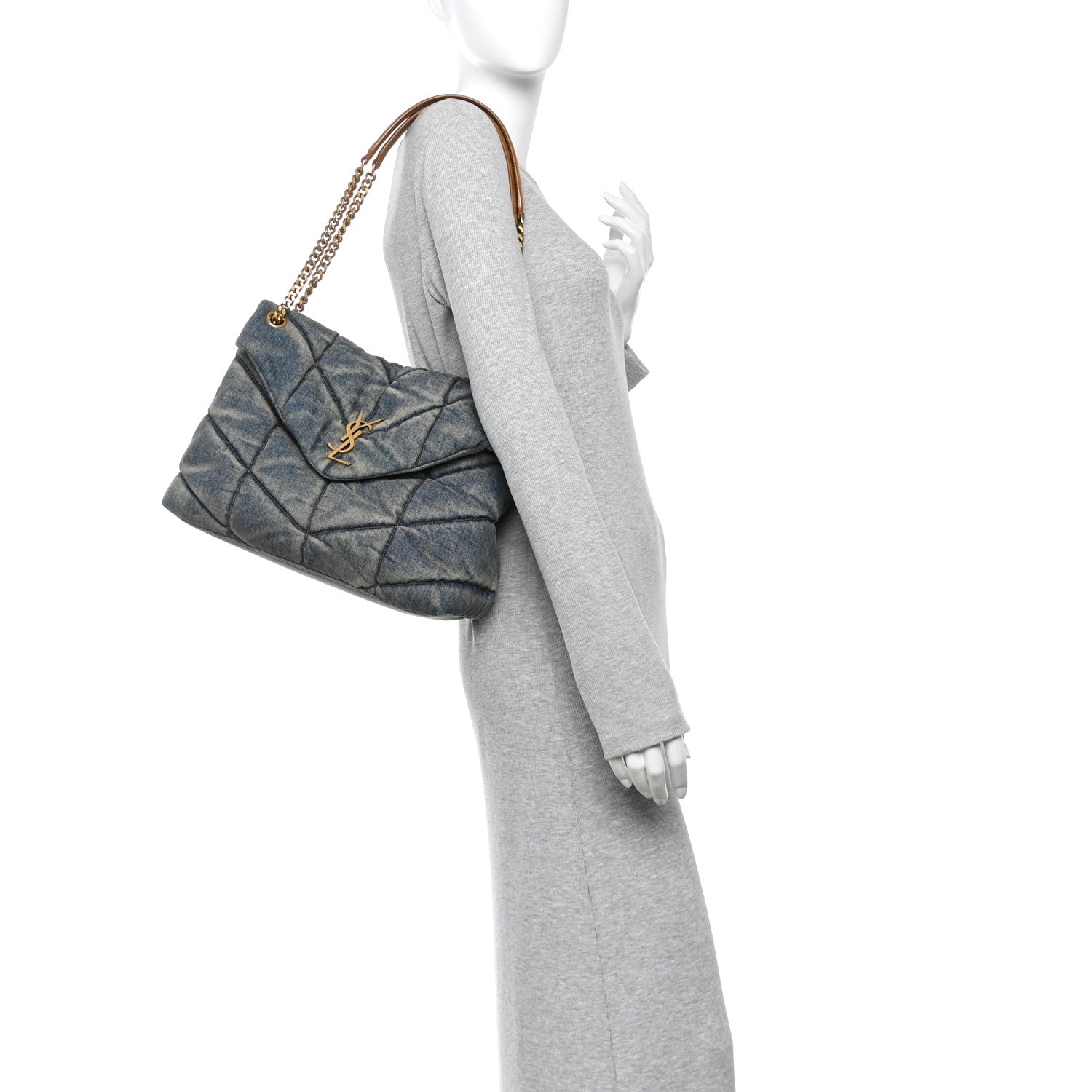 Saint Laurent Denim Quilted Medium Loulou Puffer Monogram Chain Satchel Blue Cinnamon 2 of 10