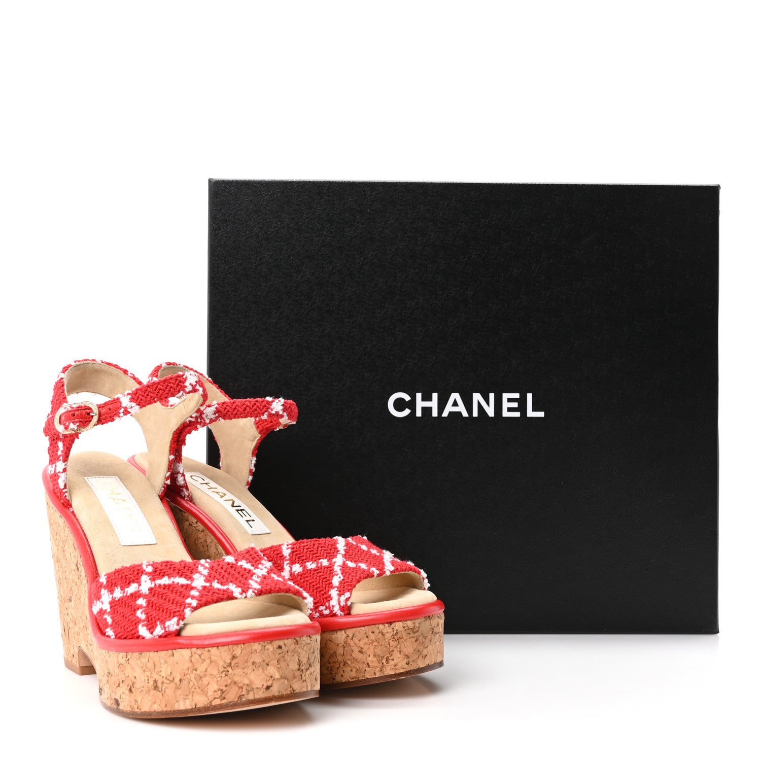 Chanel Cotton Tweed Cork CC Wedge Sandals 37 Red White 10 of 10