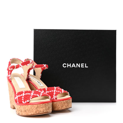Chanel Cotton Tweed Cork CC Wedge Sandals 37 Red White 10 of 10