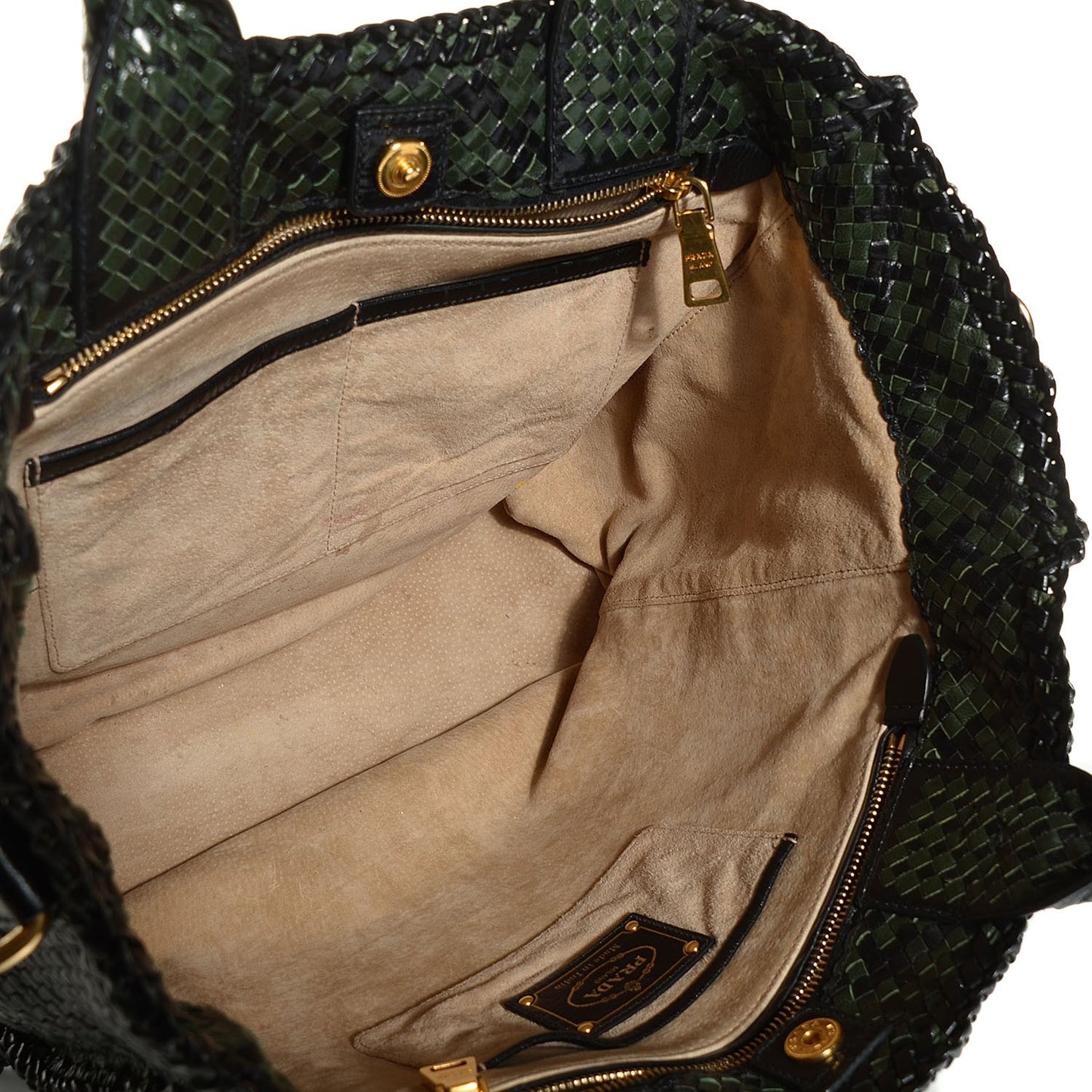 Woven Goatskin Large Madras Tote Green Nero Black