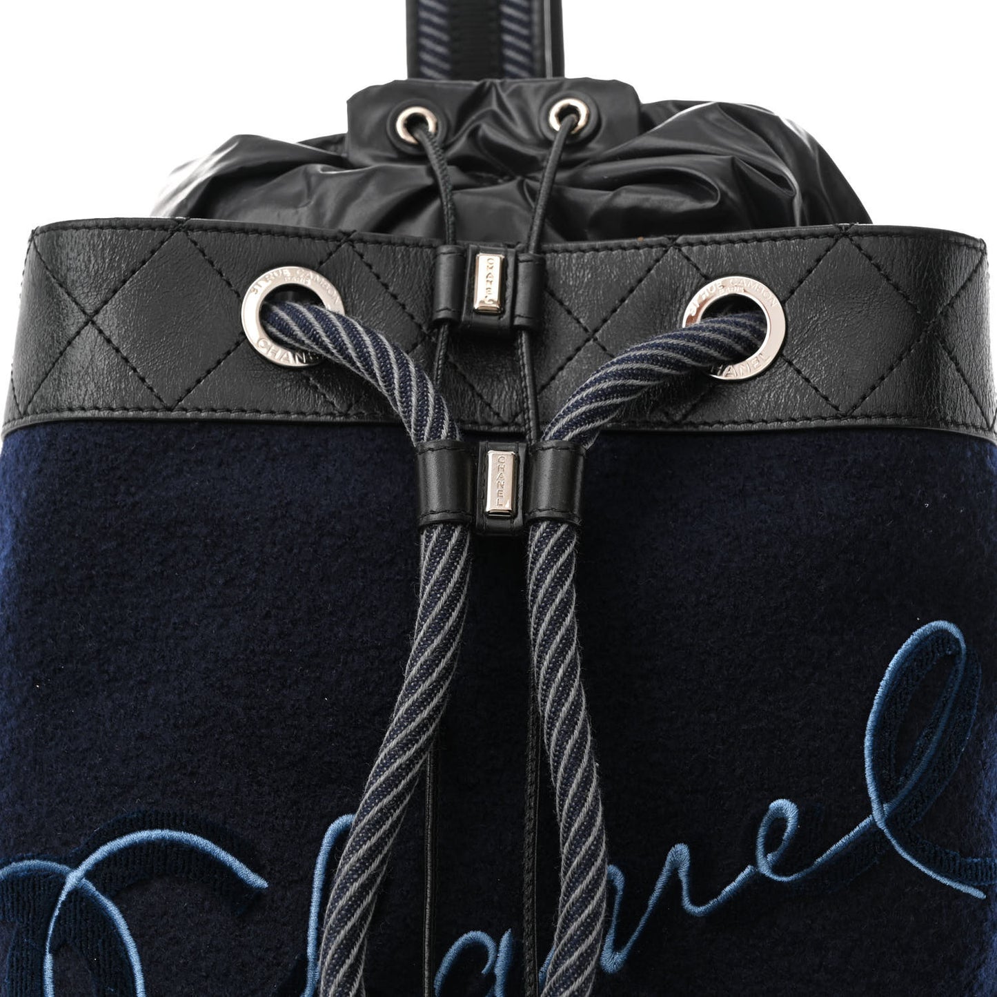 Wool Calfskin Embroidered Paris Hamburg Drawstring Backpack Navy Blue