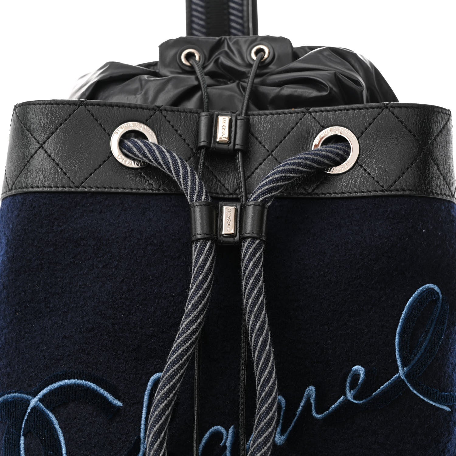Chanel Wool Calfskin Embroidered Paris Hamburg Drawstring Backpack Navy Blue 8 of 10