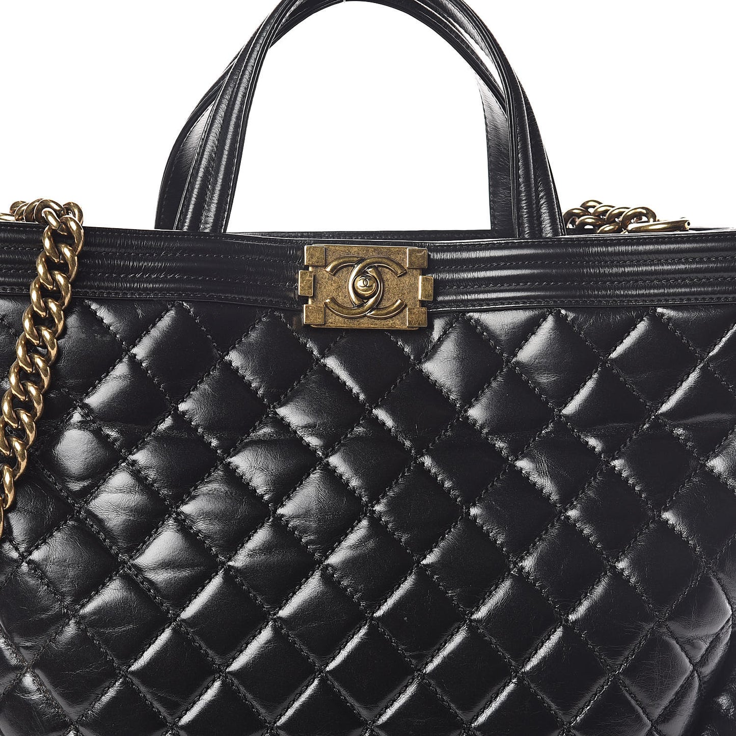 Glazed Calfskin Quilted Large Boy Tote Black