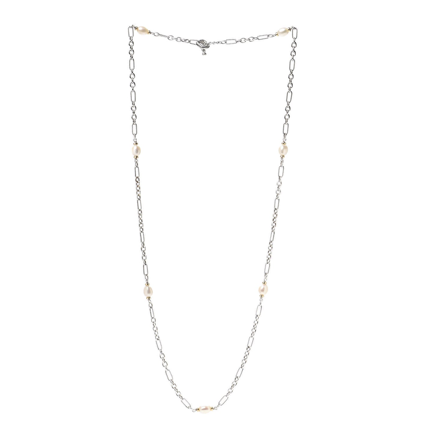 Sterling Silver 18K Yellow Gold Baroque Pearl Long Figaro Chain Necklace