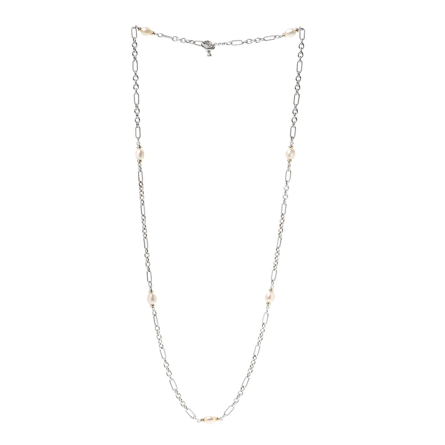 David Yurman Sterling Silver 18K Yellow Gold Baroque Pearl Long Figaro Chain Necklace 3 of 4