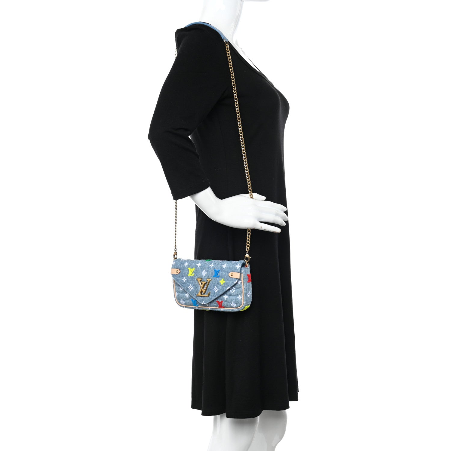 Louis Vuitton Embroidered Monogram Denim New Wave Chain Pochette Blue 2 of 9