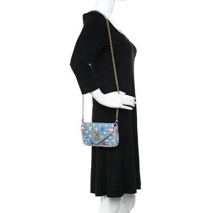 Louis Vuitton Embroidered Monogram Denim New Wave Chain Pochette Blue 2 of 9