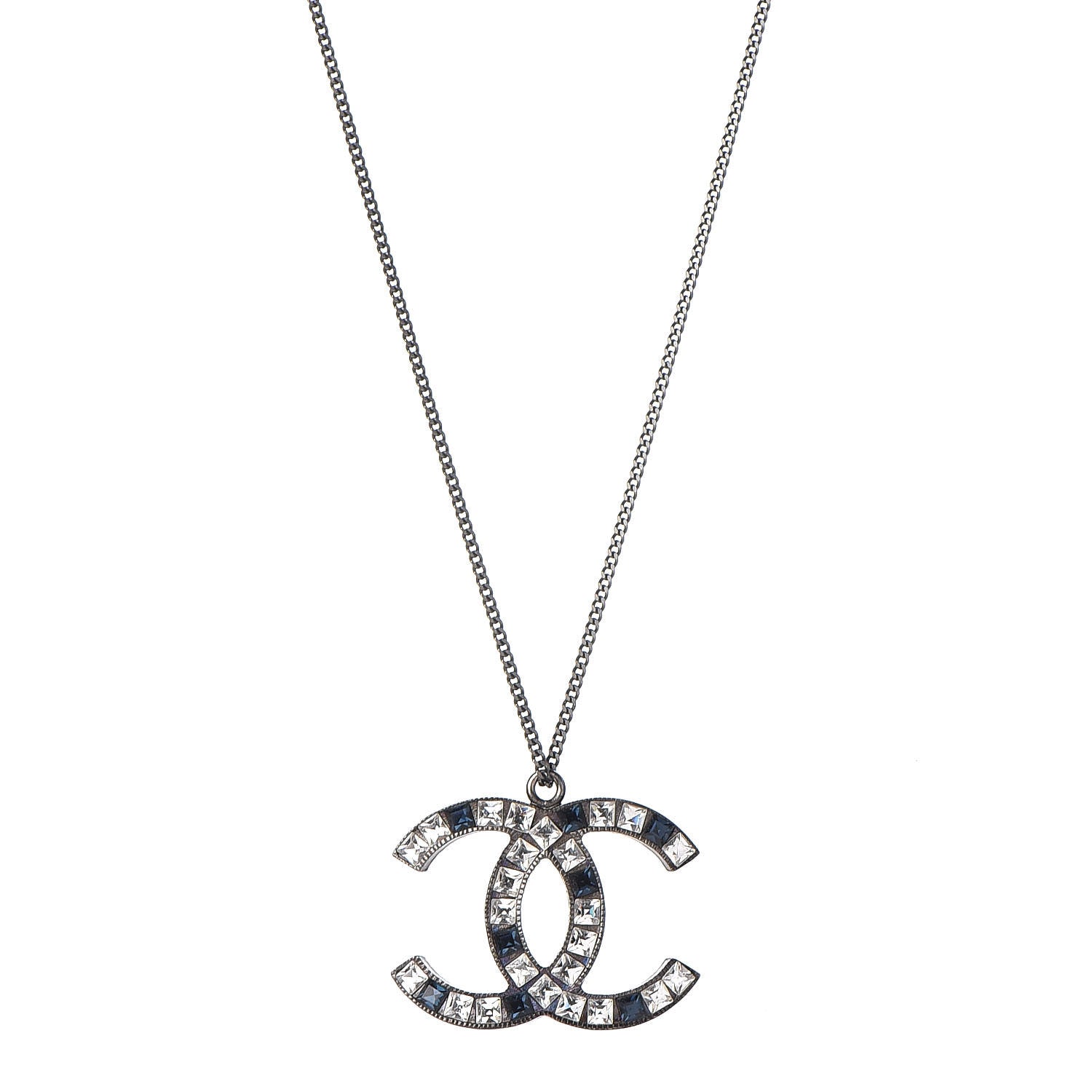Chanel Ruthenium Baguette Crystal CC Necklace Blue White 1 of 6