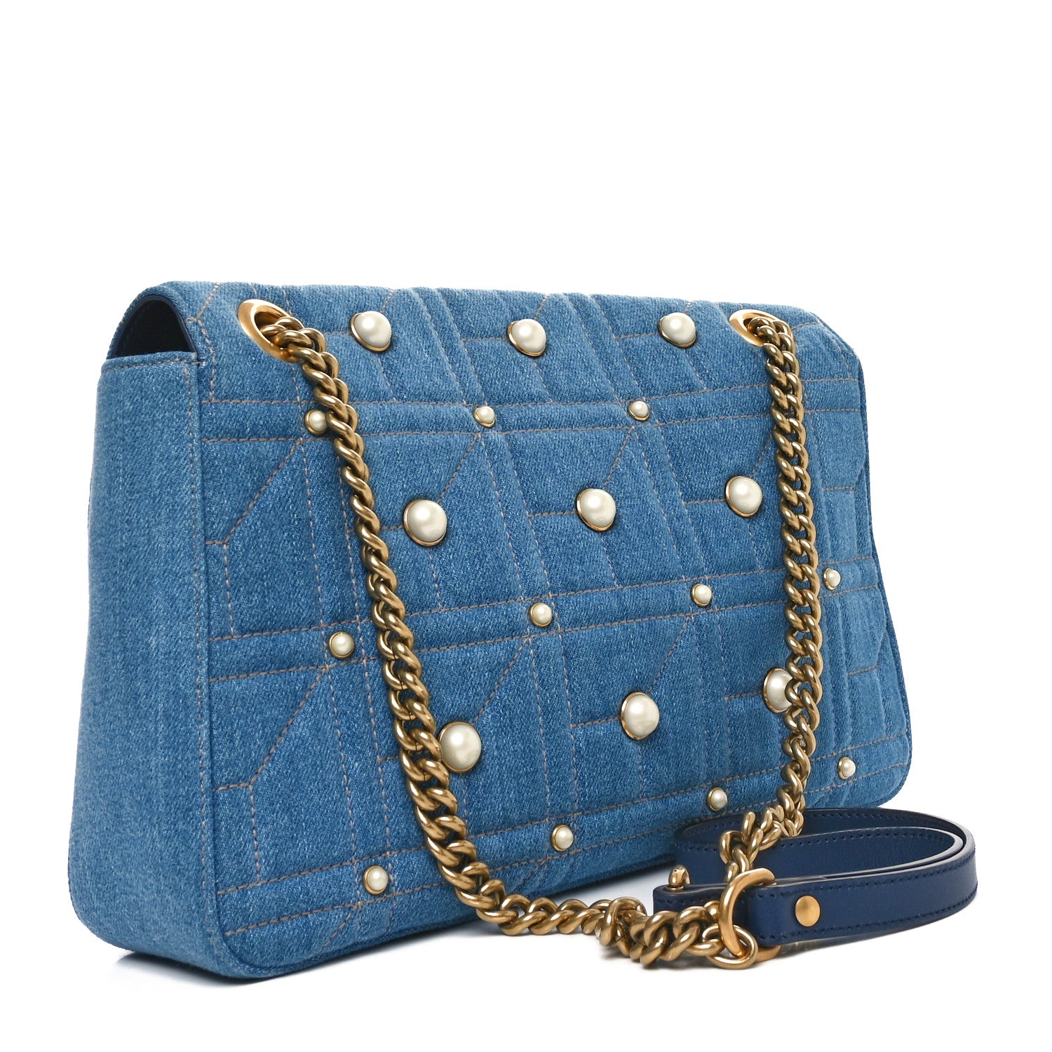 Gucci Kura Denim Matelasse Cubic Pearl Studded Medium GG Marmont Shoulder Bag Blue 3 of 10