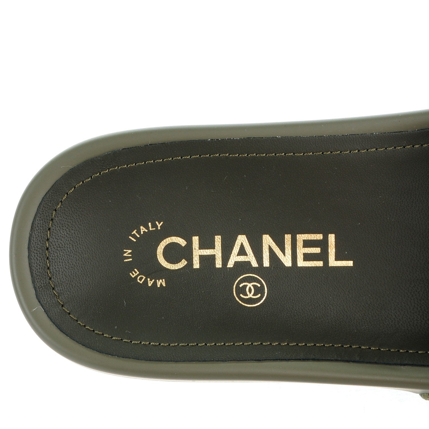 Chanel Lambskin Canvas Chain Flat Sandals 37 Khaki 6 of 7