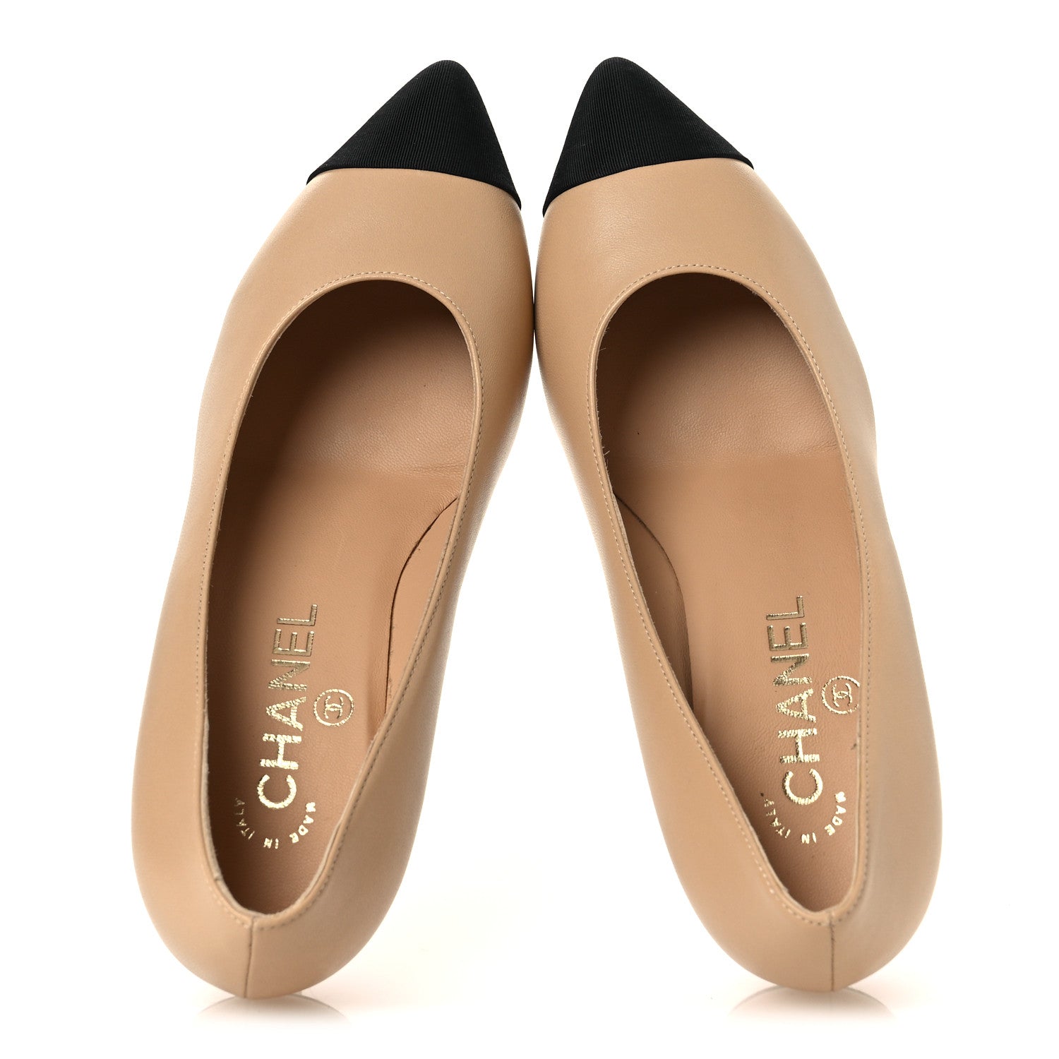 Chanel Lambskin Grosgrain Cap Toe CC Pearl Pumps 36.5 Beige Black