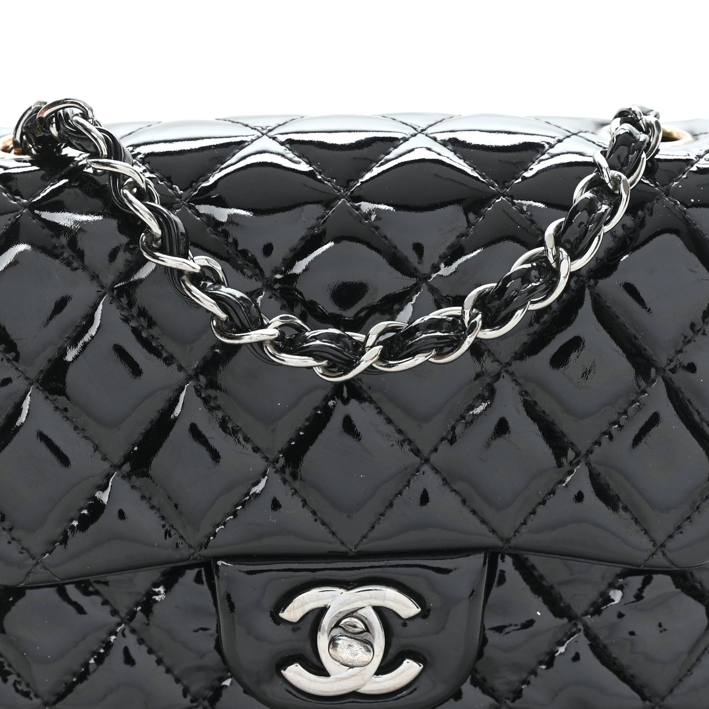 Patent Calfskin Quilted Mini Square Flap Black