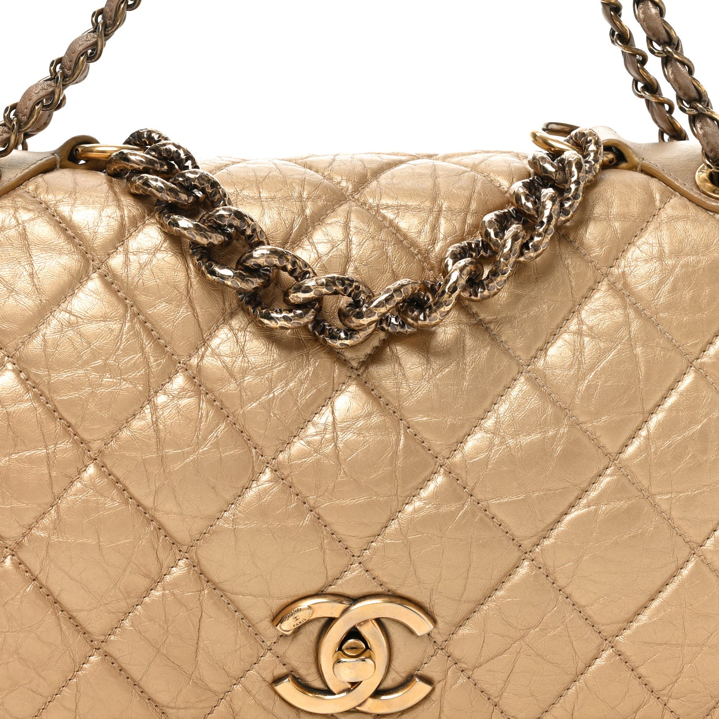 Aged Calfskin Quilted Medium Pondichery Flap Gold
