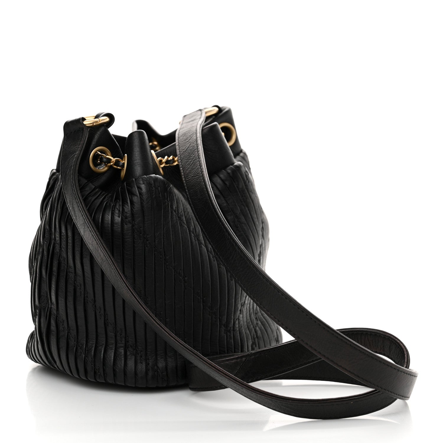 Chanel Iridescent Crumpled Calfskin Coco Pleats Small Drawstring Bag Black 3 of 10