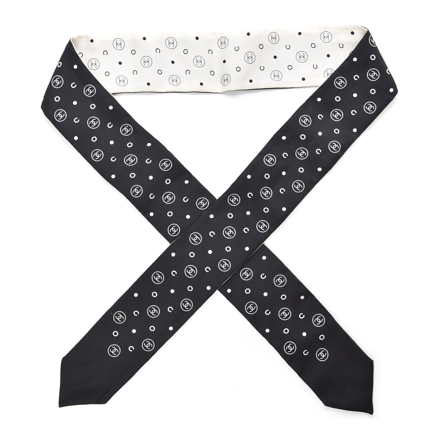 Chanel Silk CC Polka Dot Slim Bandeau Scarf Black Ecru 1 of 4