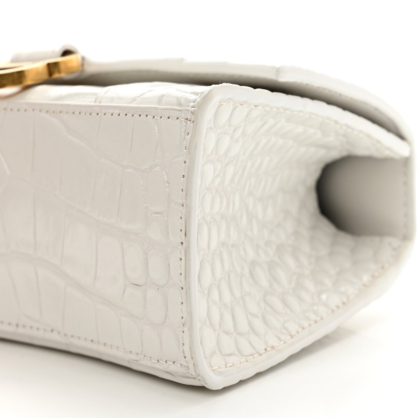 Shiny Calfskin Crocodile Embossed Hourglass Top Handle Bag XS White