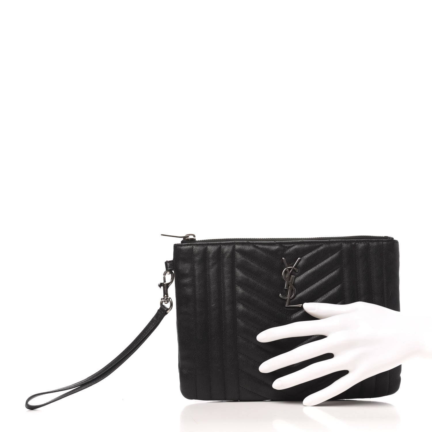 Saint Laurent Calfskin Matelasse Chevron Monogram Wristlet Black 3 of 7