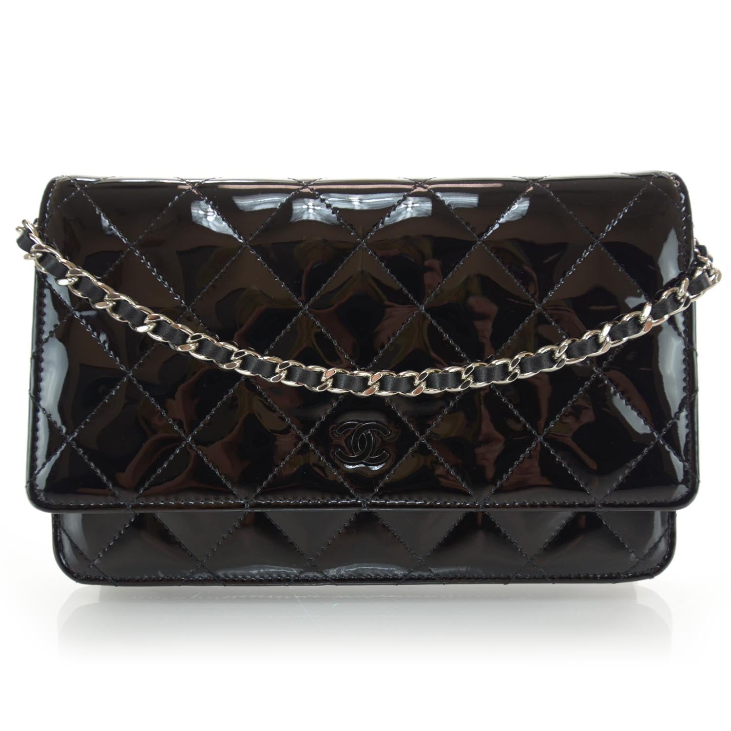 Chanel Patent Quilted Wallet On Chain WOC Black 1 of 9