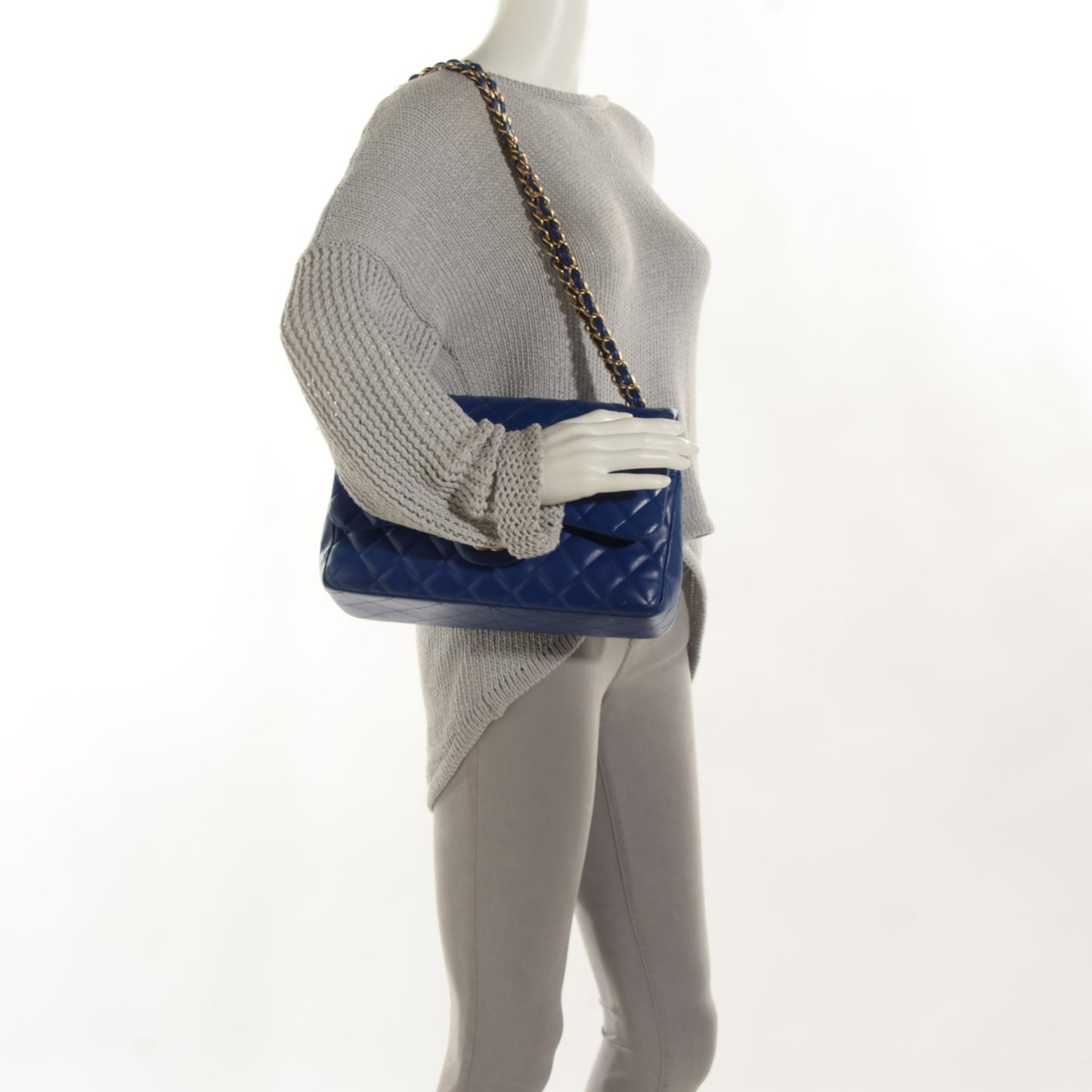Lambskin Quilted Jumbo Double Flap Dark Blue