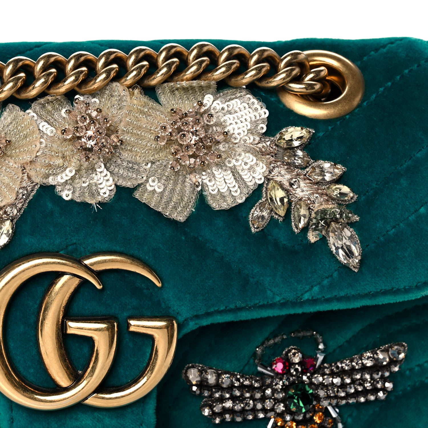 Gucci Velvet Matelasse Embroidered Mini GG Marmont Shoulder Bag Pavone Cyan 12 of 13