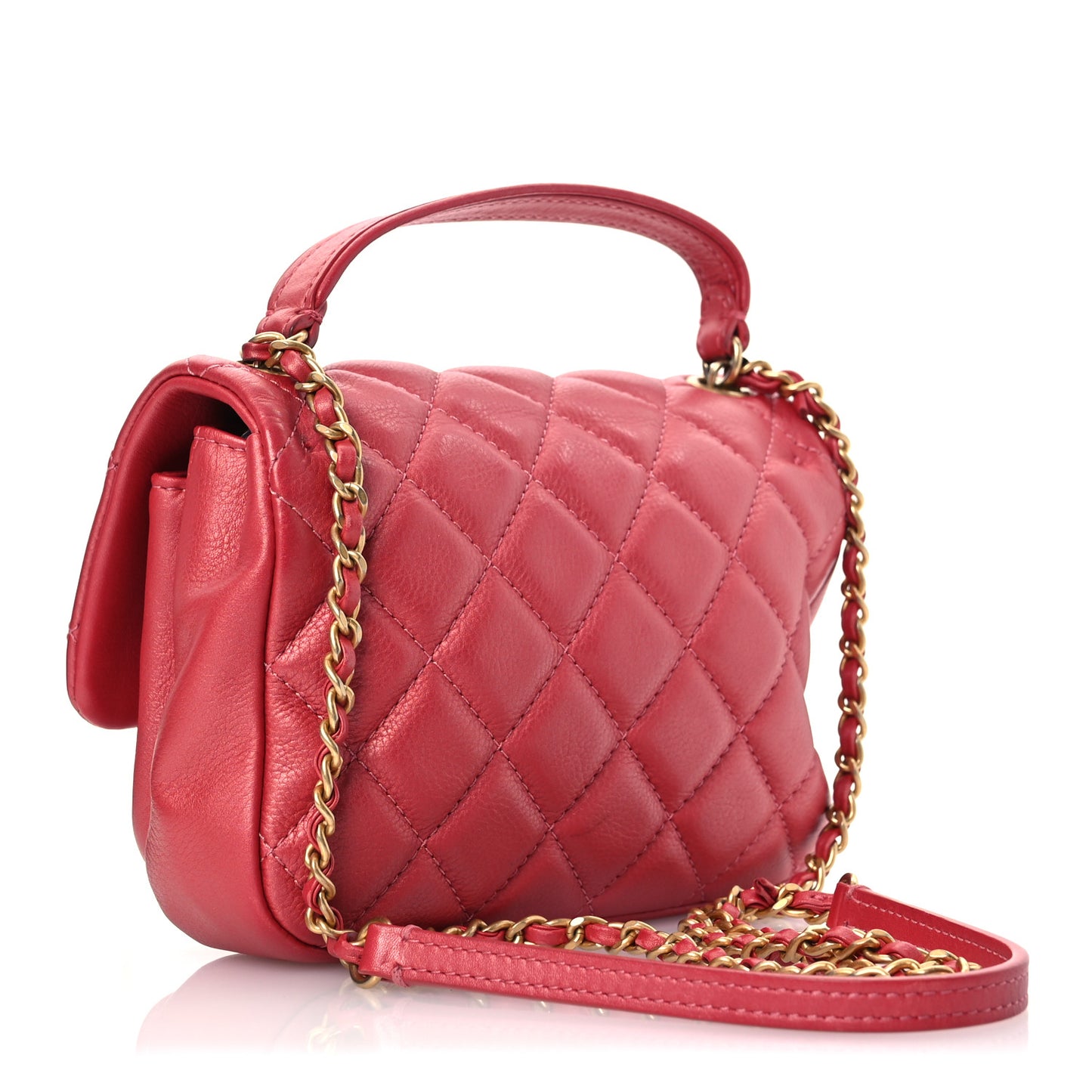 Metallic Calfskin Quilted Top Handle Flap Dark Pink