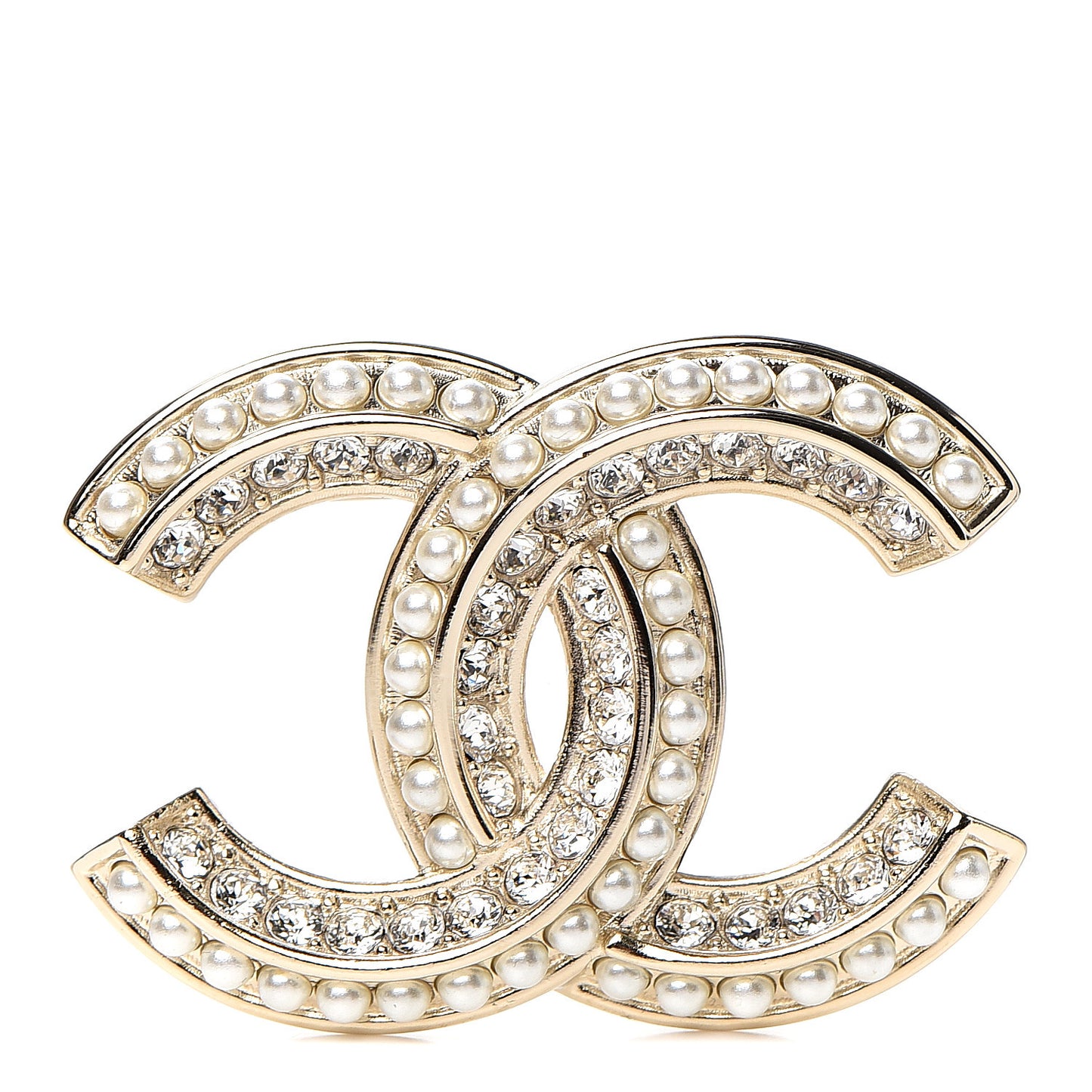 Crystal Pearl Chain Mania CC Brooch Gold
