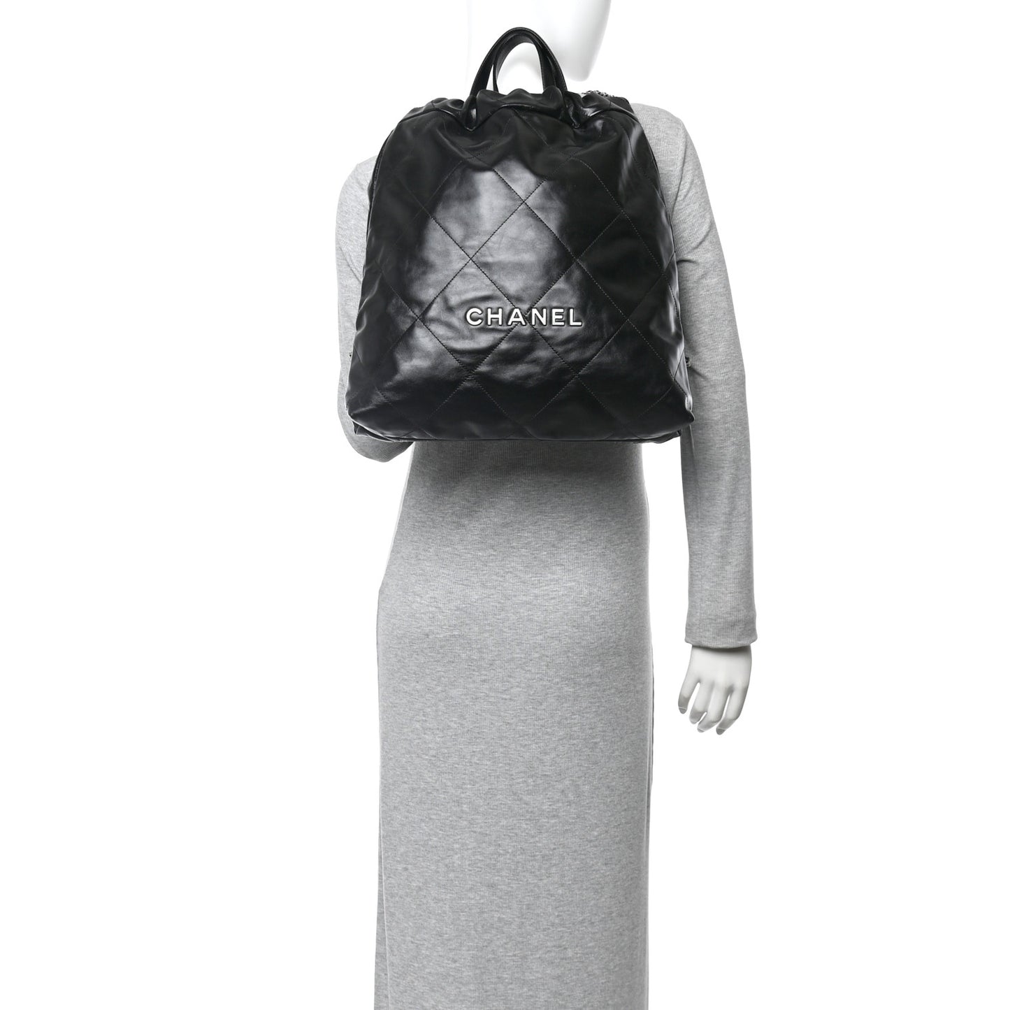 Shiny Calfskin Quilted Chanel 22 Backpack Black