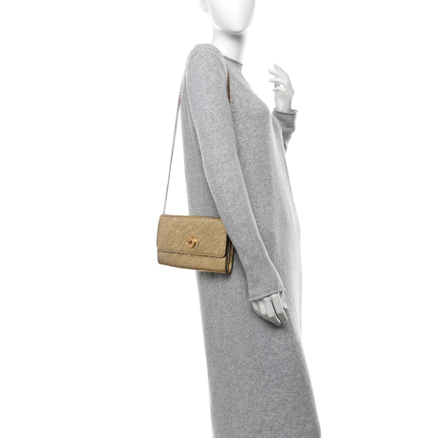 Metallic Calfskin Medusa Wallet On Chain Gold