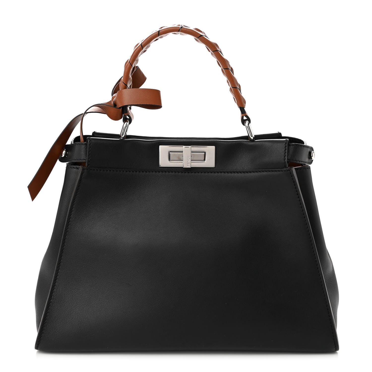 Fendi Vitello Seta Nappa Ribbon Medium Peekaboo Iconic Satchel Black Corteccia 1 of 13