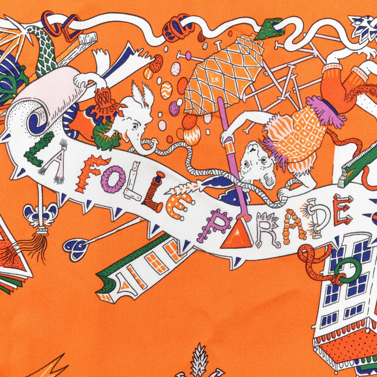 Hermes Silk La Folle Parade Scarf 90 Orange White Mauve 3 of 7