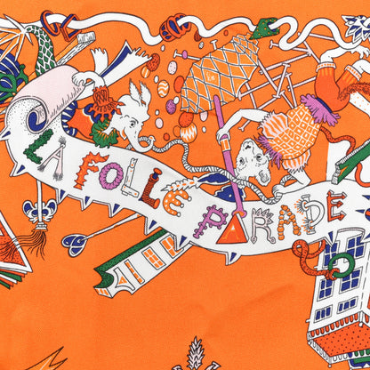 Hermes Silk La Folle Parade Scarf 90 Orange White Mauve 3 of 7