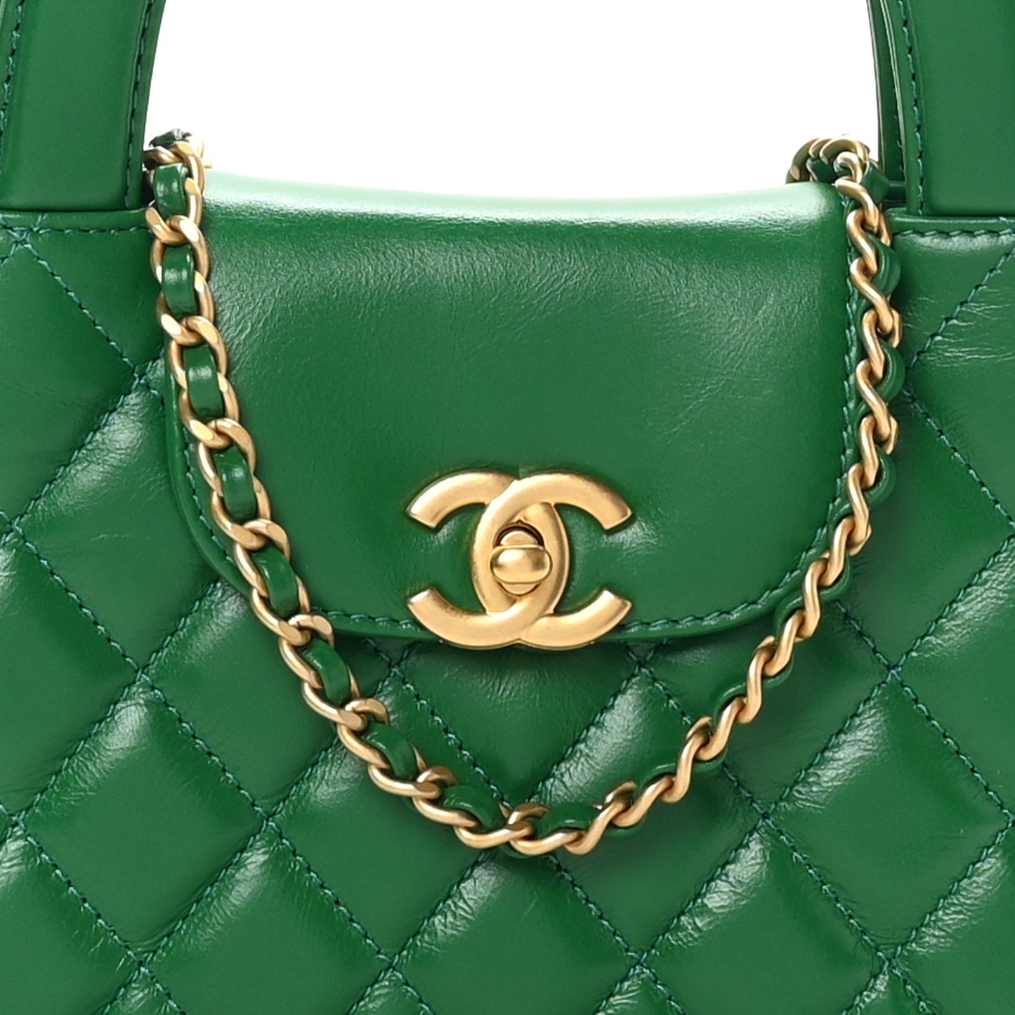 Shiny Aged Calfskin Quilted Nano Kelly Shopper Green