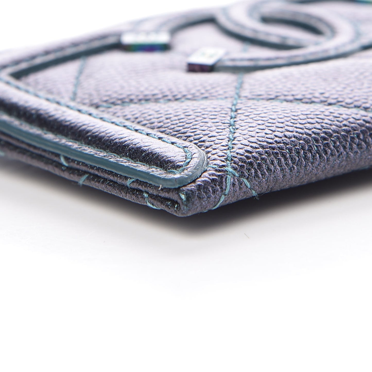 Iridescent Caviar Quilted Filigree Card Holder Dark Turquoise