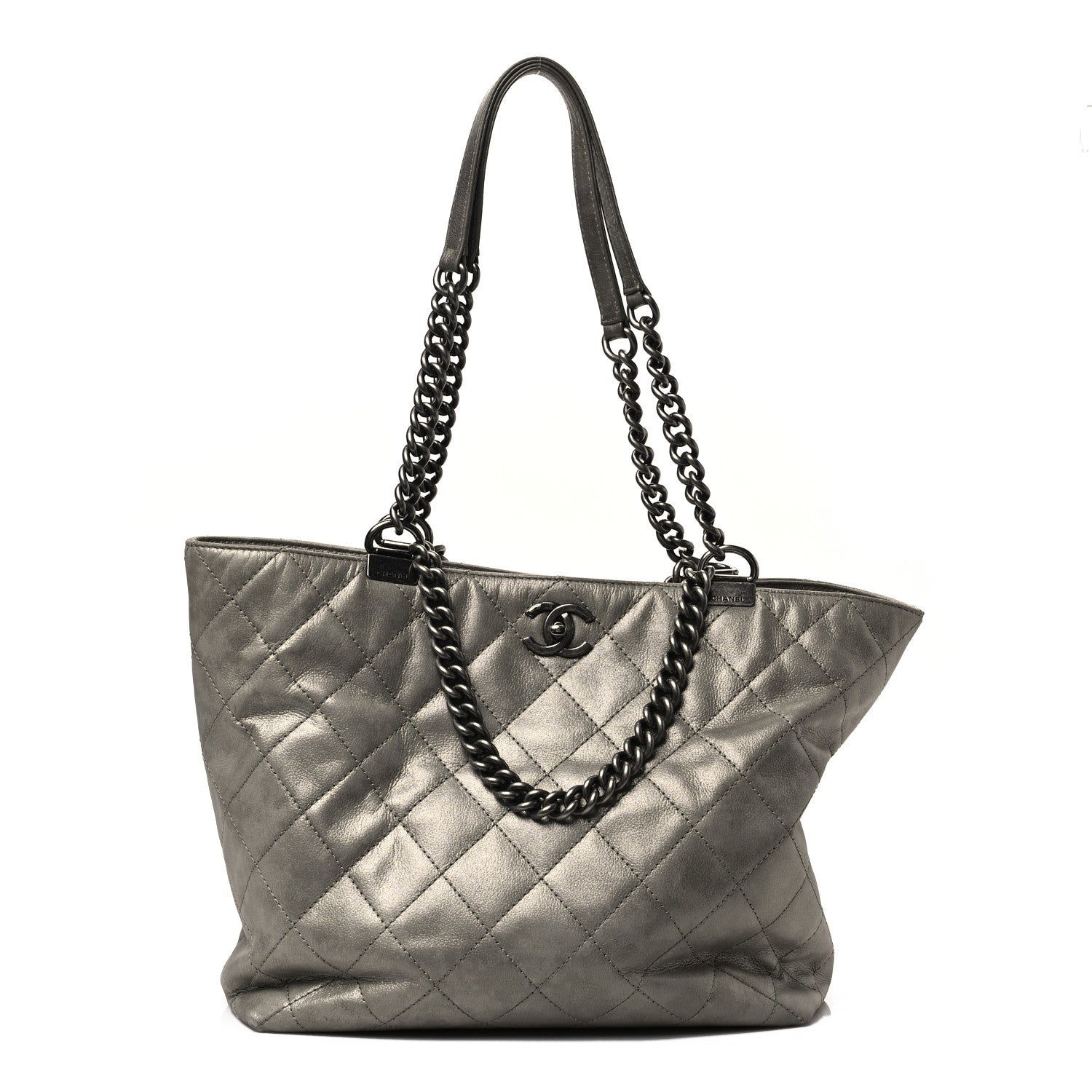 Chanel Metallic Calfskin Quilted Small Shopping In Chains Tote Silver 1 of 9