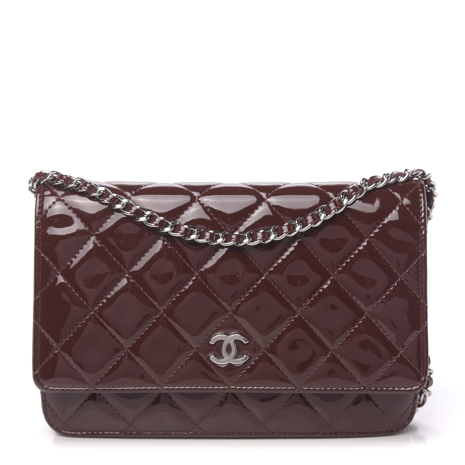 Chanel Patent Quilted Wallet On Chain WOC Dark Red 1 of 13