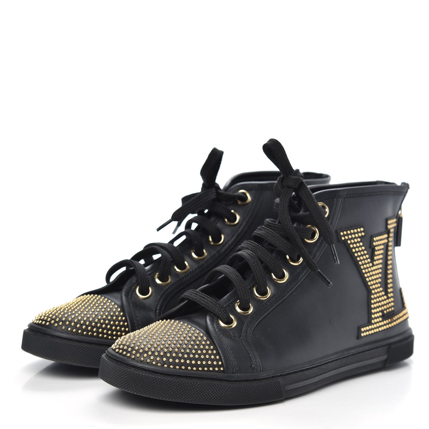 Calfskin Studded Punchy High Top Sneakers 36 Black