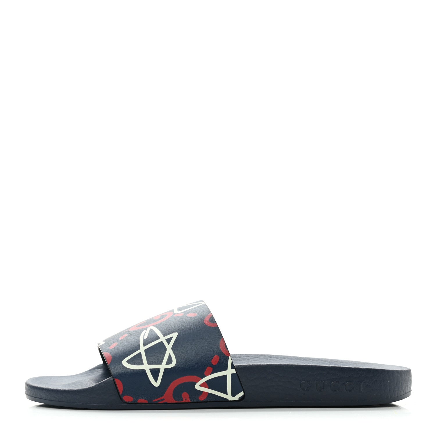 Gucci Calfskin GucciGhost Print Womens Slide Sandals 37 Blue Agata Hibiscus Red 1 of 7