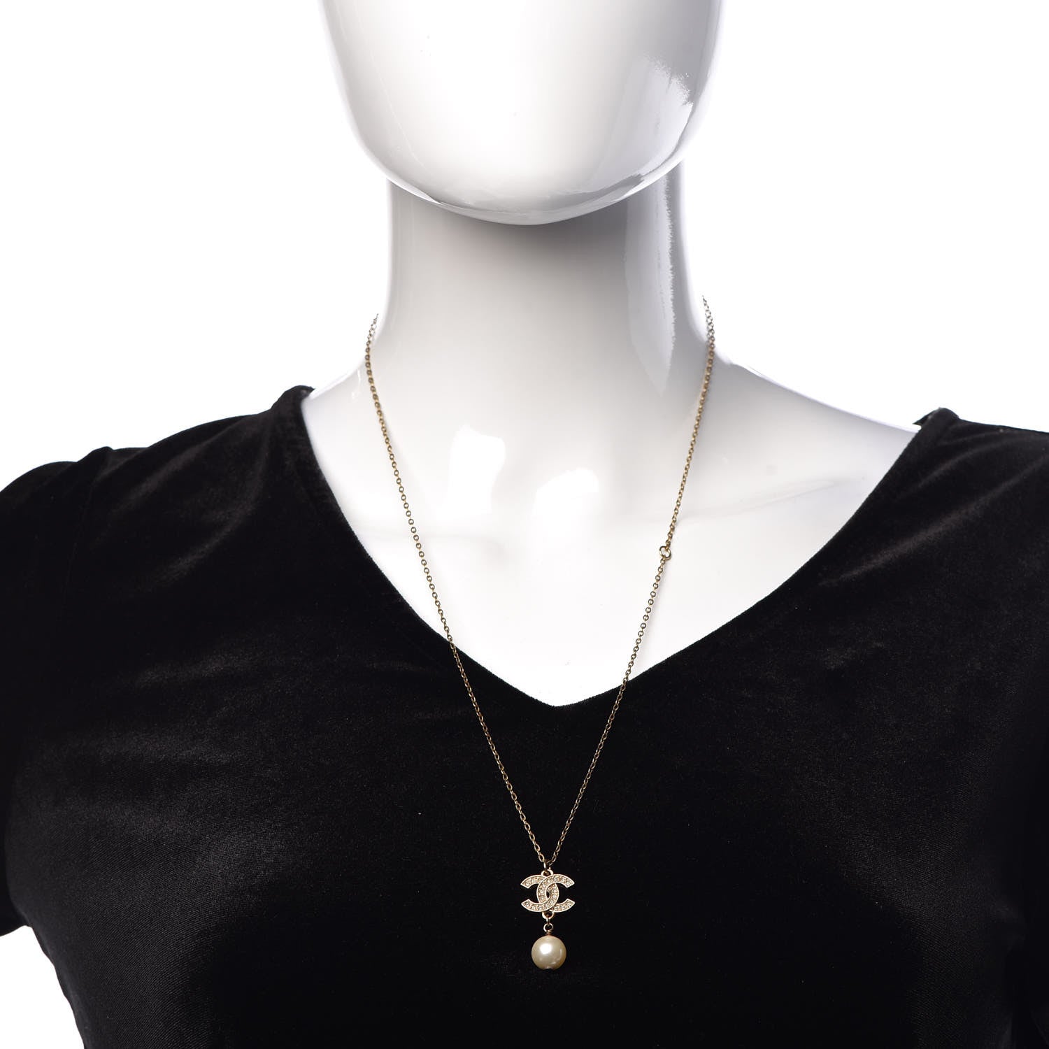 Chanel Pearl Crystal CC Drop Necklace Gold 2 of 6