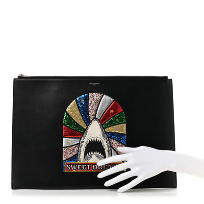Saint Laurent Calfskin Sweet Dreams Shark Zipped Pouch Black 2 of 8