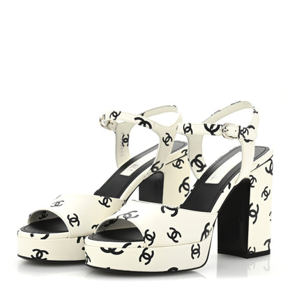 Chanel Printed Lambskin CC Platform Sandals 39 White Black 4 of 9