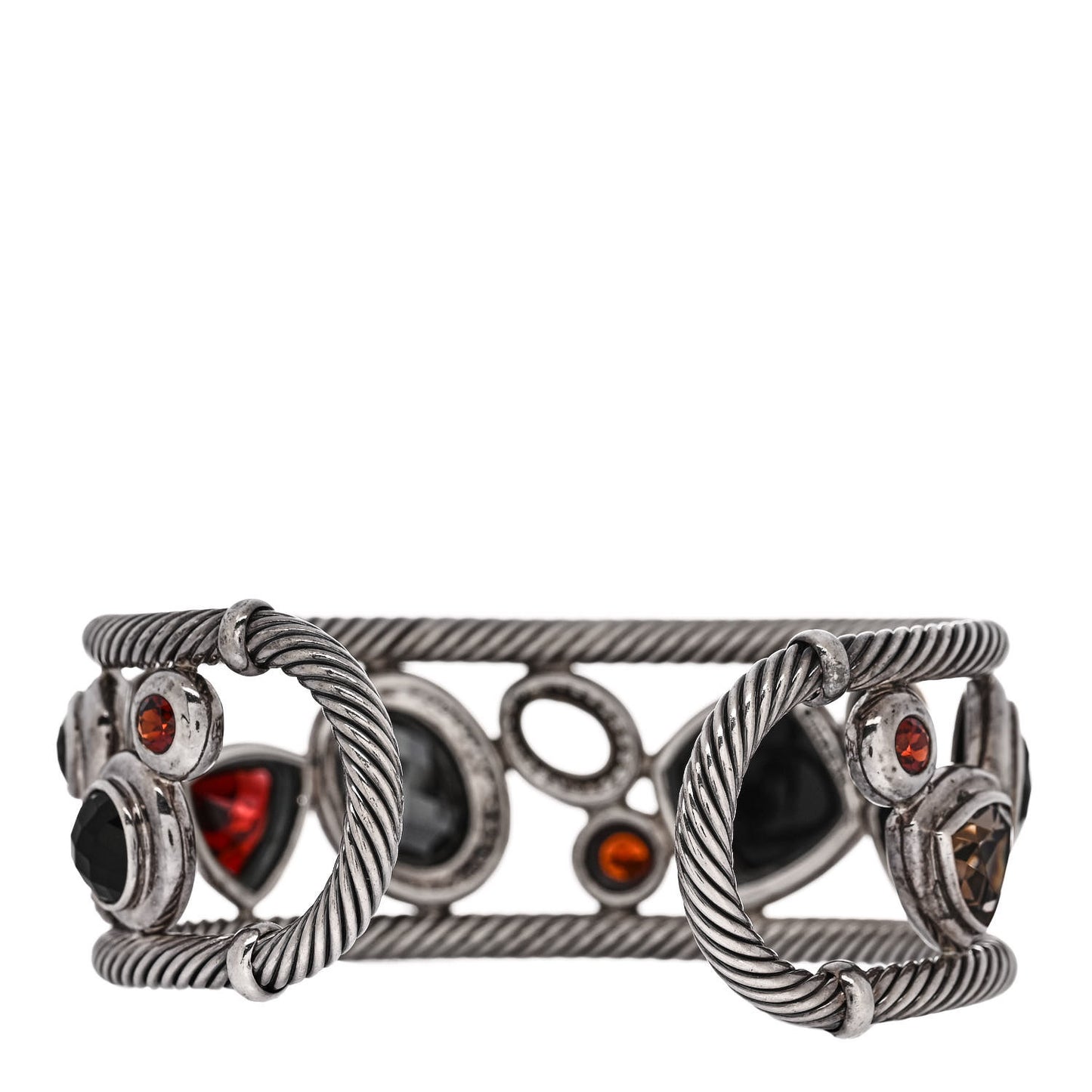 Sterling Silver 18K Yellow Gold Diamond Garnet Hematite Onyx Smoky Quartz Mosaic Cuff Bracelet