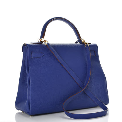 Hermes Togo Horseshoe Kelly Retourne 32 Bleu Electrique Rouge H 4 of 38