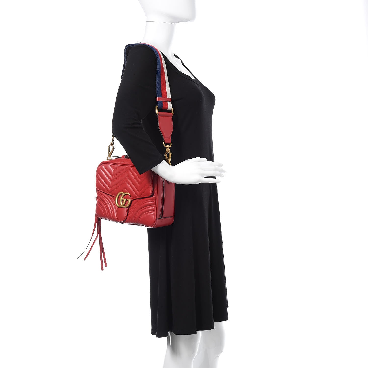 Gucci Calfskin Matelasse Sylvie Web Small GG Marmont Top Handle Shoulder Bag Hibiscus Red 2 of 13