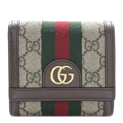 Gucci GG Supreme Monogram Textured Calfskin Web Ophidia Card Case Wallet Beige Ebony New Acero 1 of 8