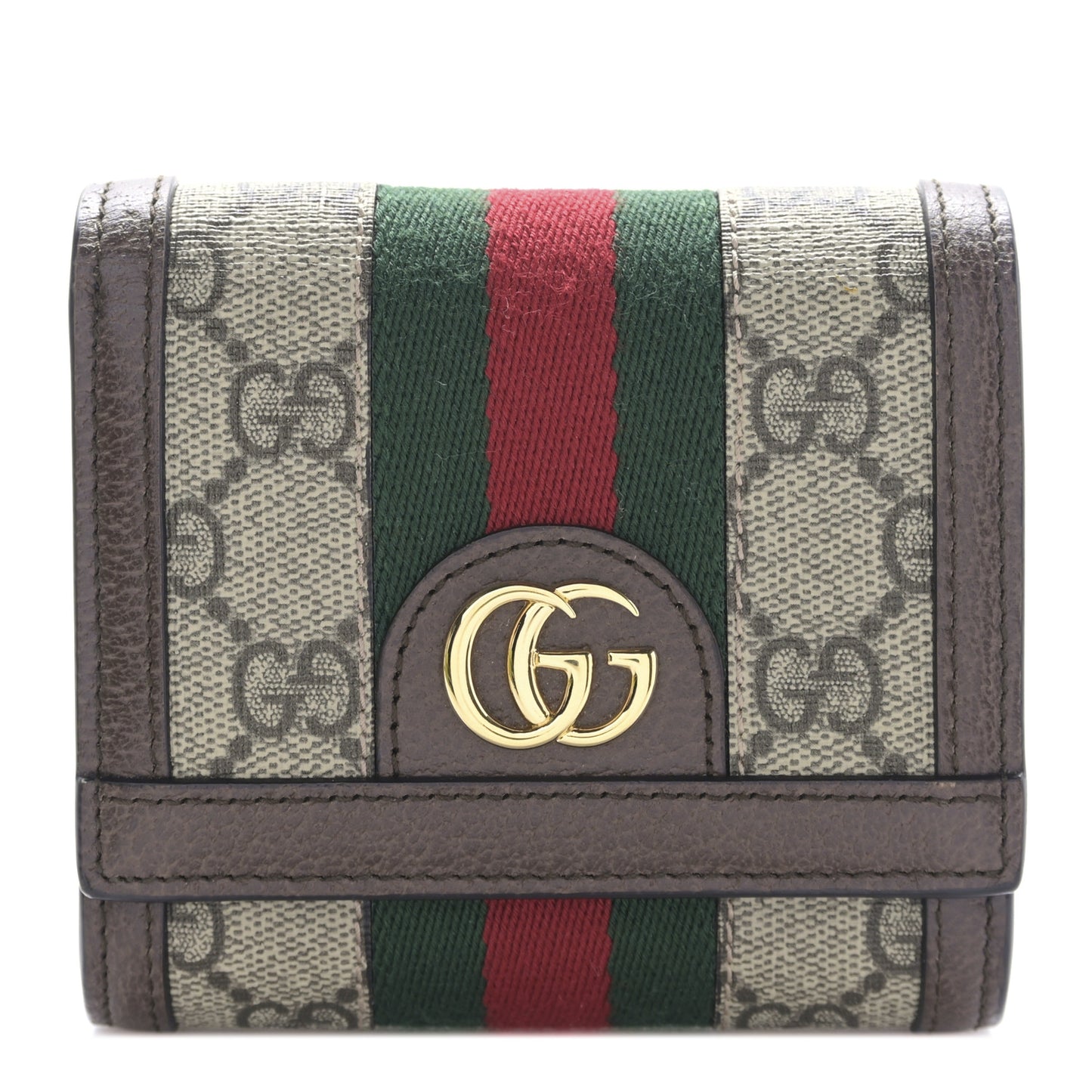 GG Supreme Monogram Textured Calfskin Web Ophidia Card Case Wallet Beige Ebony New Acero