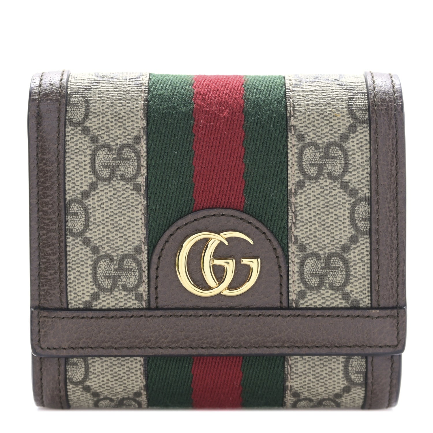 Gucci GG Supreme Monogram Textured Calfskin Web Ophidia Card Case Wallet Beige Ebony New Acero 1 of 9