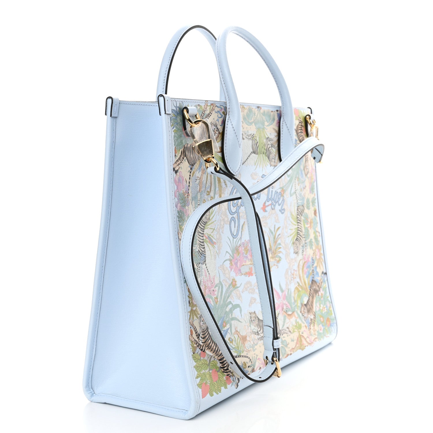 Gucci New Shangai Calfskin Tiger Savanah Textured Calfskin Medium Tote Light Blue Multicolor 3 of 16