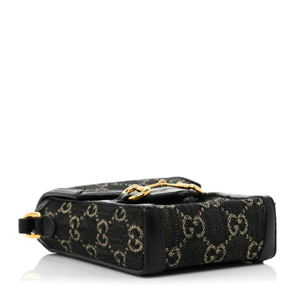 Gucci Jacquard Black Denim GG Monogram Textured Dollar Calfskin Mini Horsebit 1955 Crossbody Bag Black Ivory 4 of 10